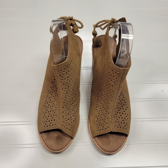 TOMS Tan Suede Leather Open Toe Sandals Heels Size 11 - Picture 2 of 10